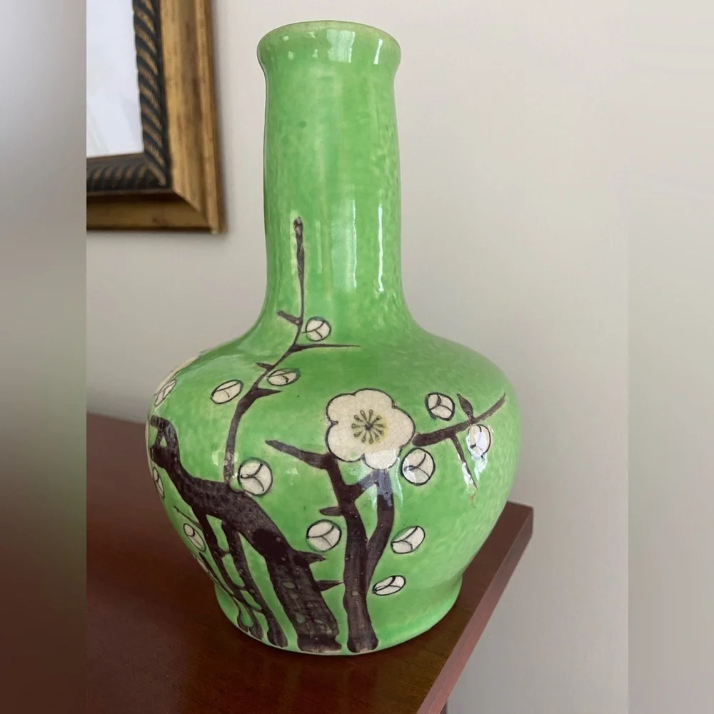 Vintage Green Floral Sakura Cherry Blossom Ceramic Vase Made In Japan Beautiful
